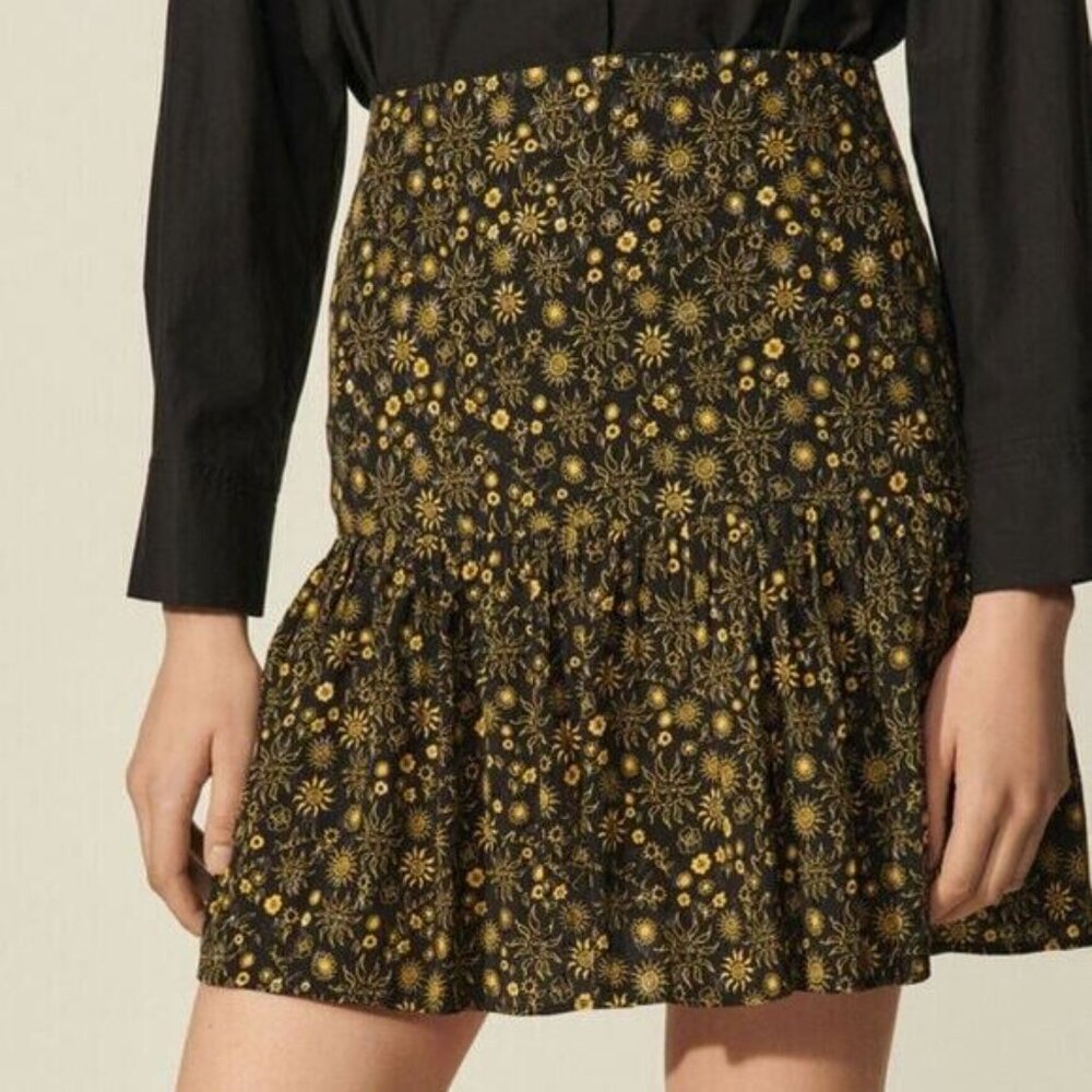 SANDRO WOMENS NOIR GRIS CERISE FLORAL-PRINT WOVEN MINI SKIRT‎ SMALL BLACK - Picture 5 of 11